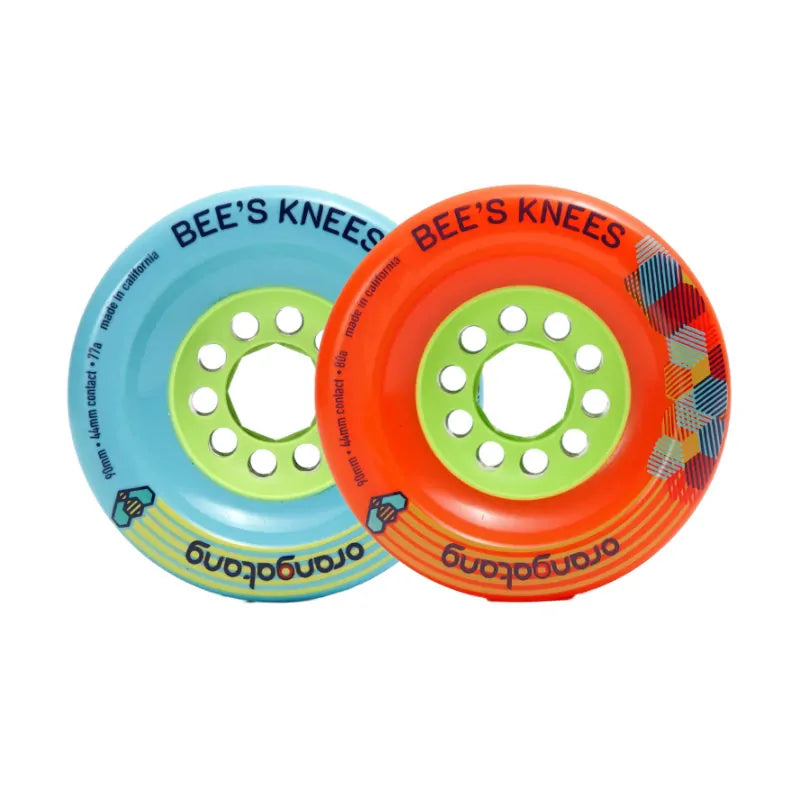 Two colorful wheels with 'Bee's Knees' branding on a white background