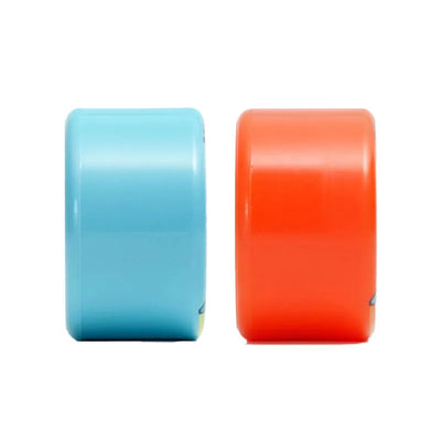Two colorful wheels, one blue and one orange, on a white background.