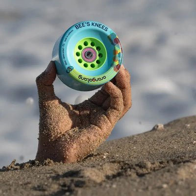 Hand holding a colorful wheel with 'Bee's Knees' branding on a sandy beach.