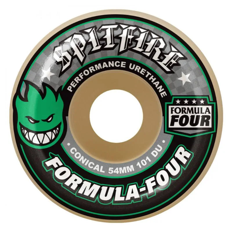 Skateboard wheel with Spitfire Formula Four branding on a white background
