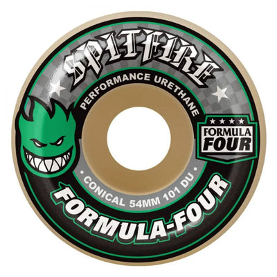 Skateboard wheel with Spitfire Formula Four branding on a white background